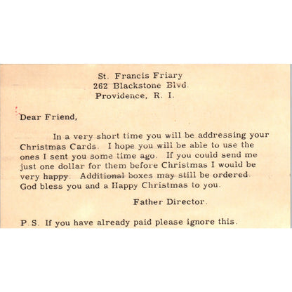 1955 St. Francis Friary Providence RI Christmas Card Request Postal Card PD7