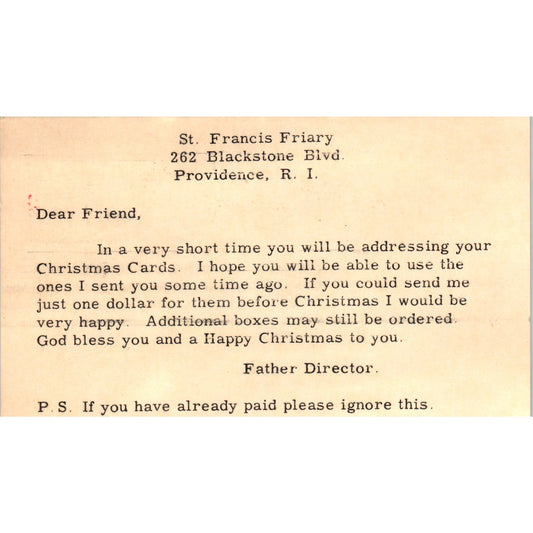 1955 St. Francis Friary Providence RI Christmas Card Request Postal Card PD7