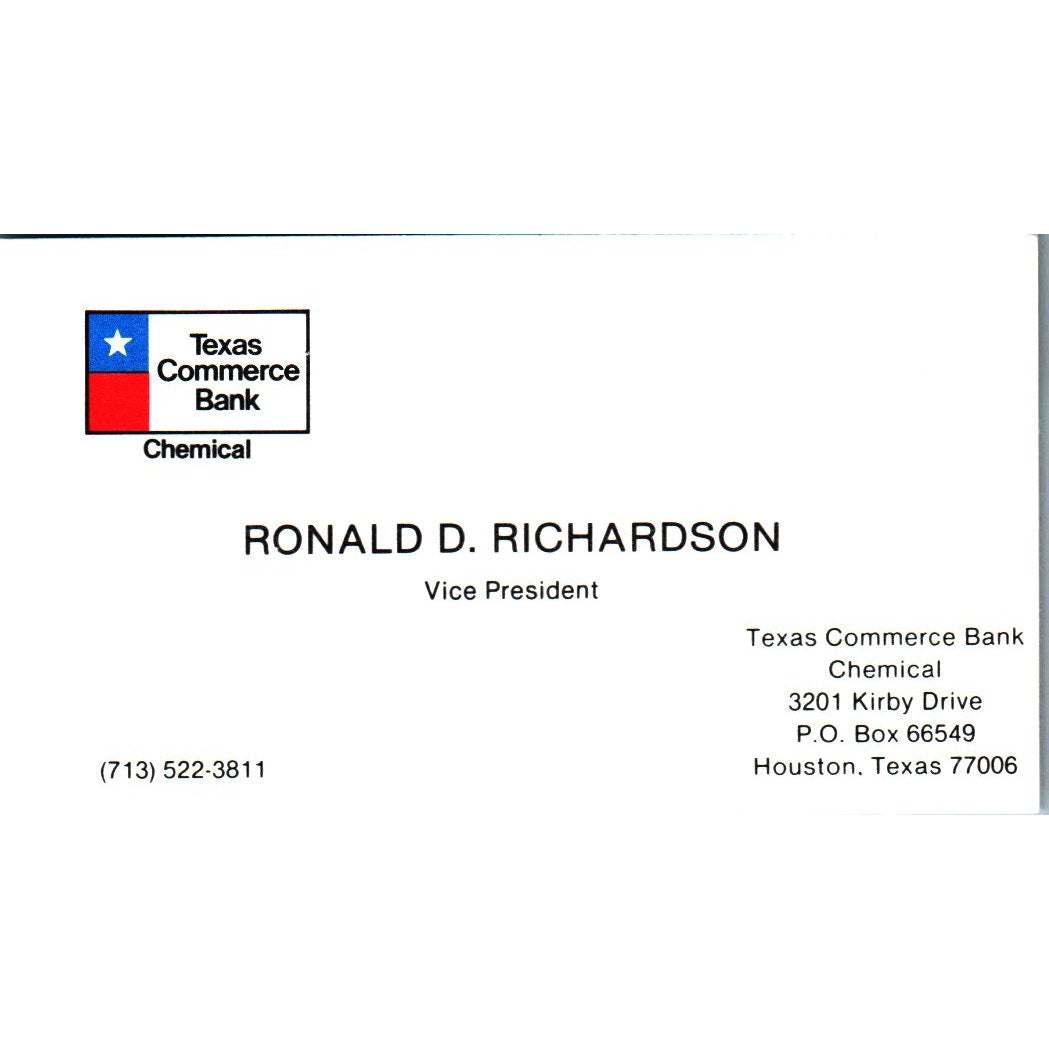 Ronald D Richardson Texas Commerce Bank Houston Vintage Business Card SE3-B9