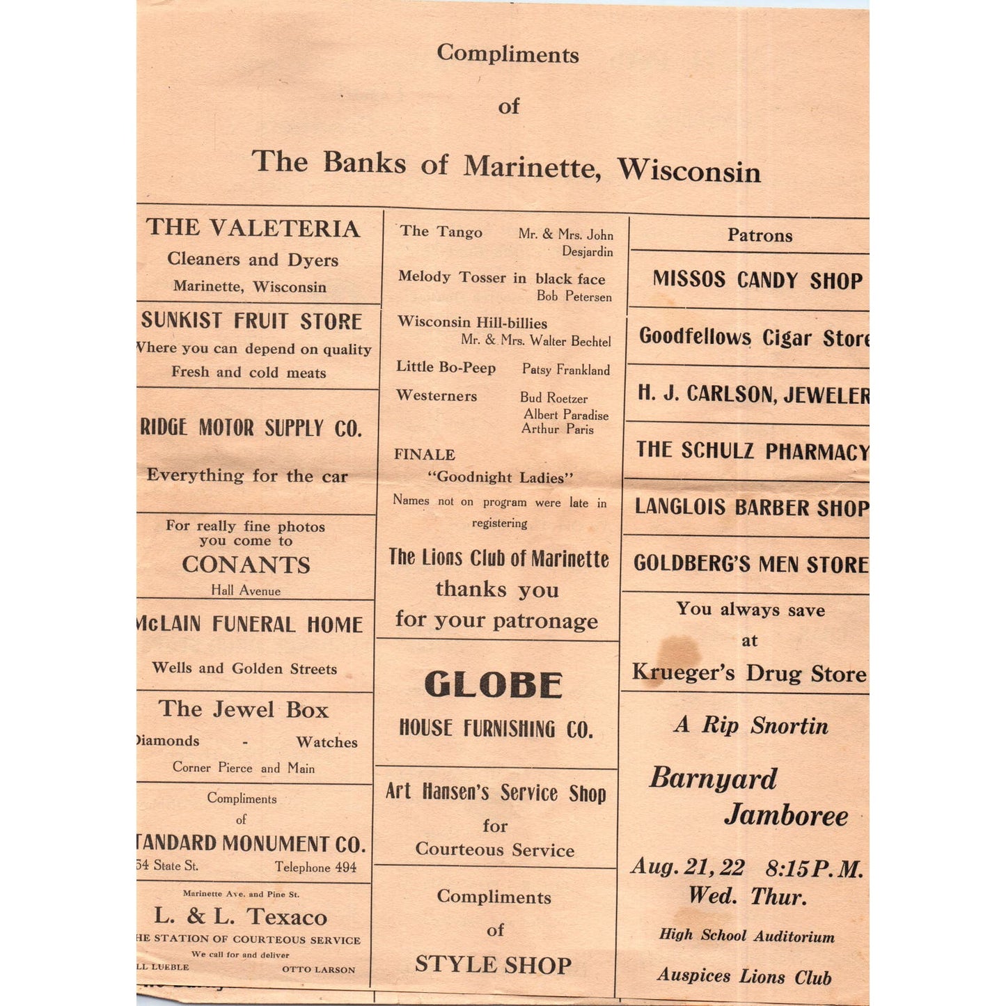 1930s Marinette Wisconsin Lions Barnyard Jamboree Program AE5