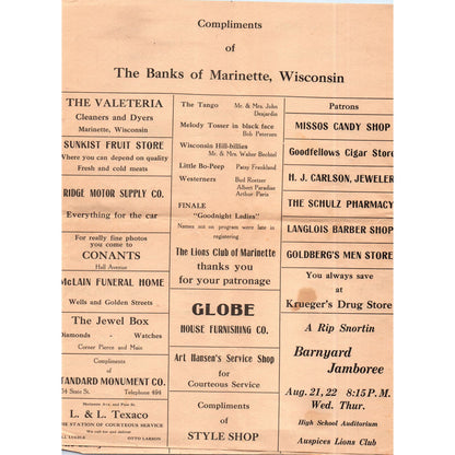 1930s Marinette Wisconsin Lions Barnyard Jamboree Program AE5