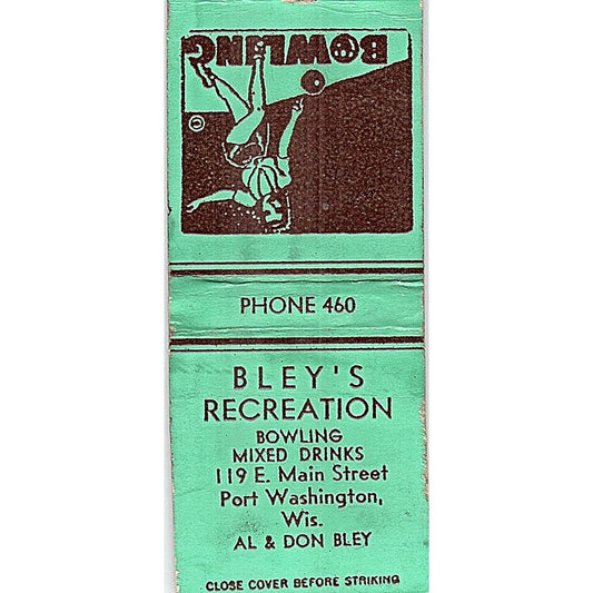 Bley's Recreation Port Washington WI Al & Don Bley Vtg Matchbook Cover SC7-Y11