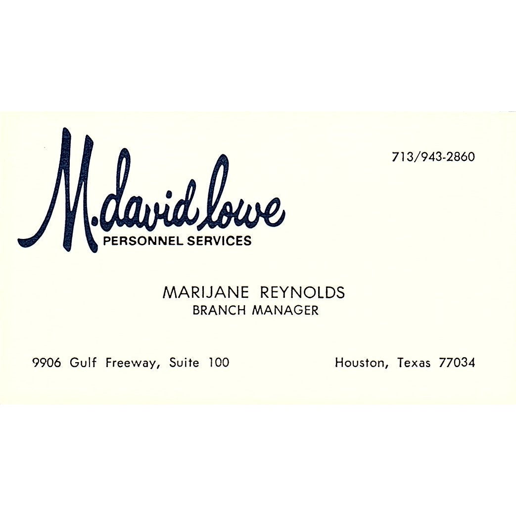 M . David Lowe Personnel , Marijane Reynolds, Houston TX , Business Card SF3-B8