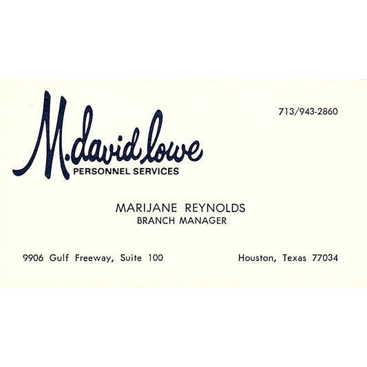 M . David Lowe Personnel , Marijane Reynolds, Houston TX , Business Card SF3-B8