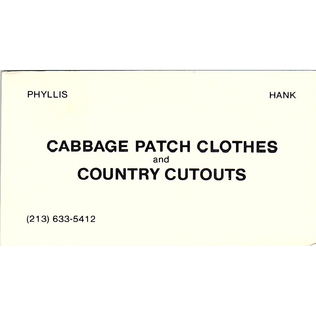 Cabbage Patch Clothes & Country Cutouts LA Phyllis Hank Business Card SF3-B4