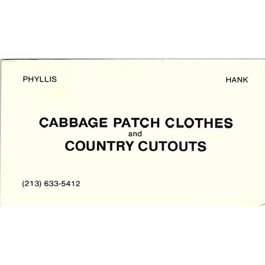 Cabbage Patch Clothes & Country Cutouts LA Phyllis Hank Business Card SF3-B4