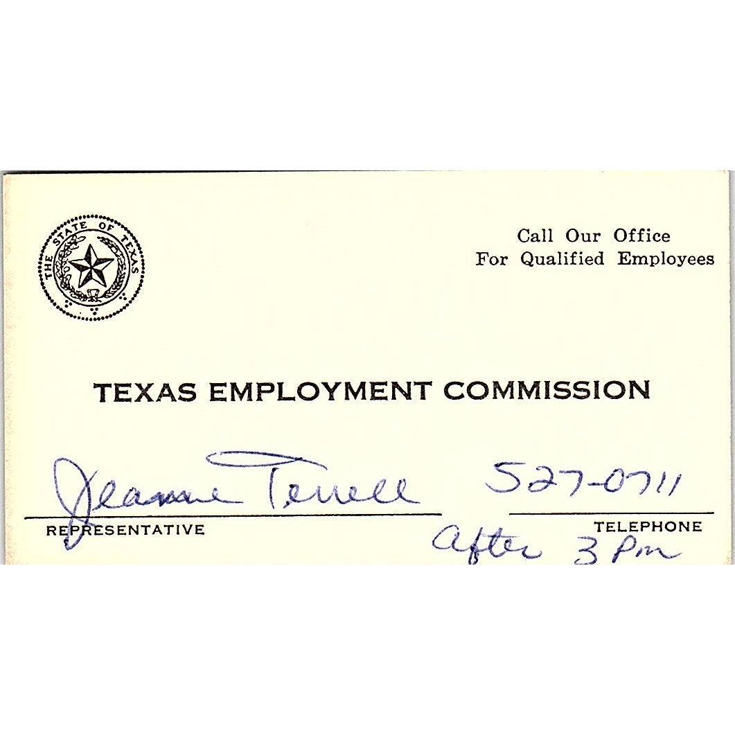 Texas Employment Commission Jeanne Terrell Texas Vintage Business Card SF3-B4