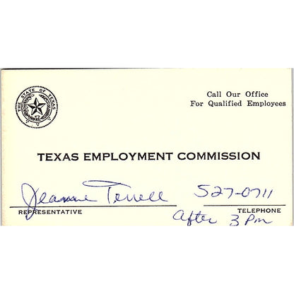 Texas Employment Commission Jeanne Terrell Texas Vintage Business Card SF3-B4