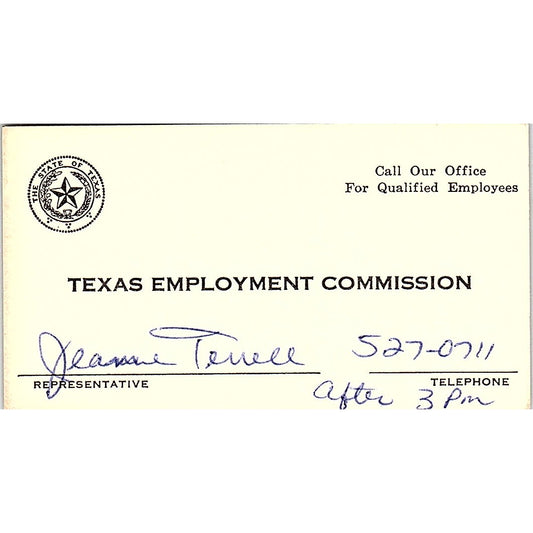 Texas Employment Commission Jeanne Terrell Texas Vintage Business Card SF3-B4