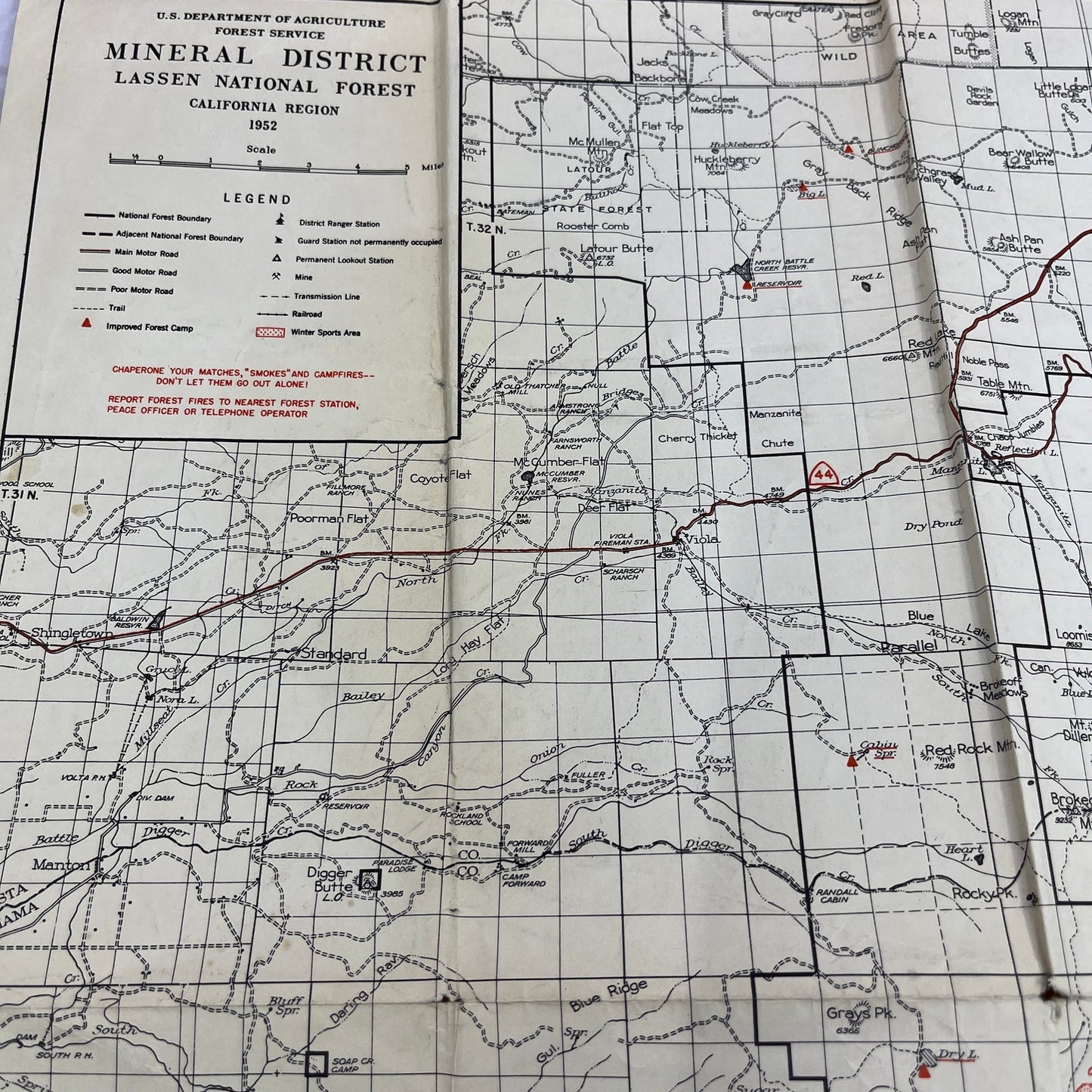 1952 USDA Mineral District Lassen National Forest California Fold Out Map TH9-CB