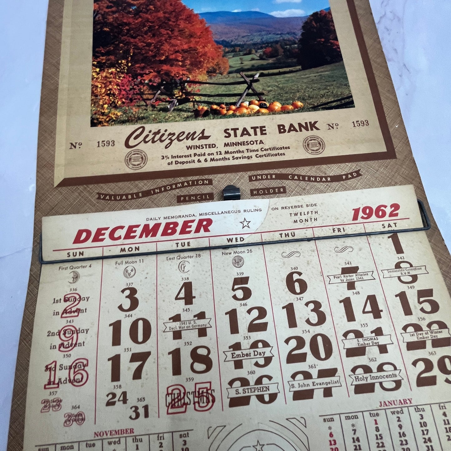 1962 Citizens State Bank Calendar Winsted MN V23