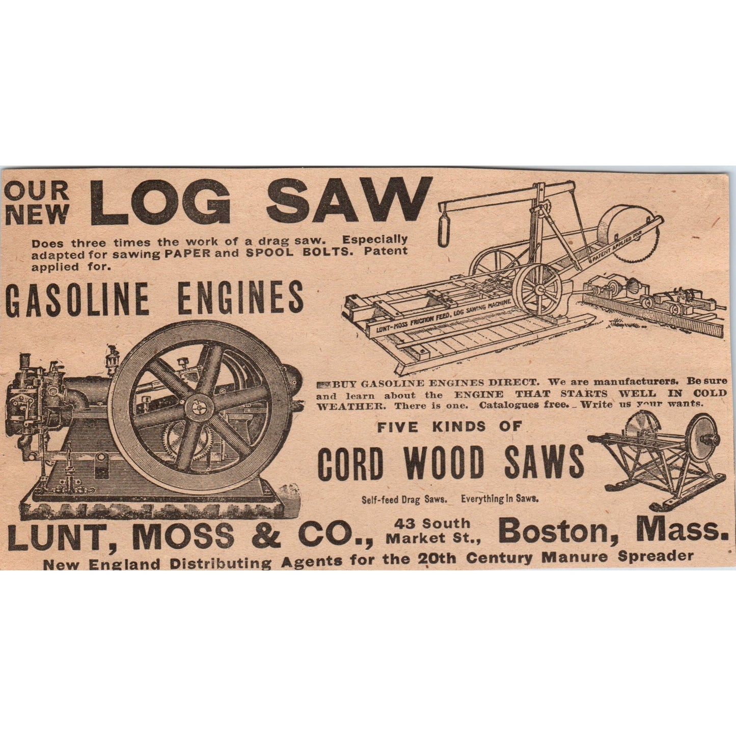 Gasoline Engine Log Saw Lunt Moss & Co Boston MA 1905 Magazine Ad AF1-NEH