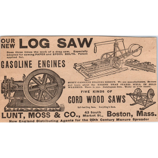 Gasoline Engine Log Saw Lunt Moss & Co Boston MA 1905 Magazine Ad AF1-NEH