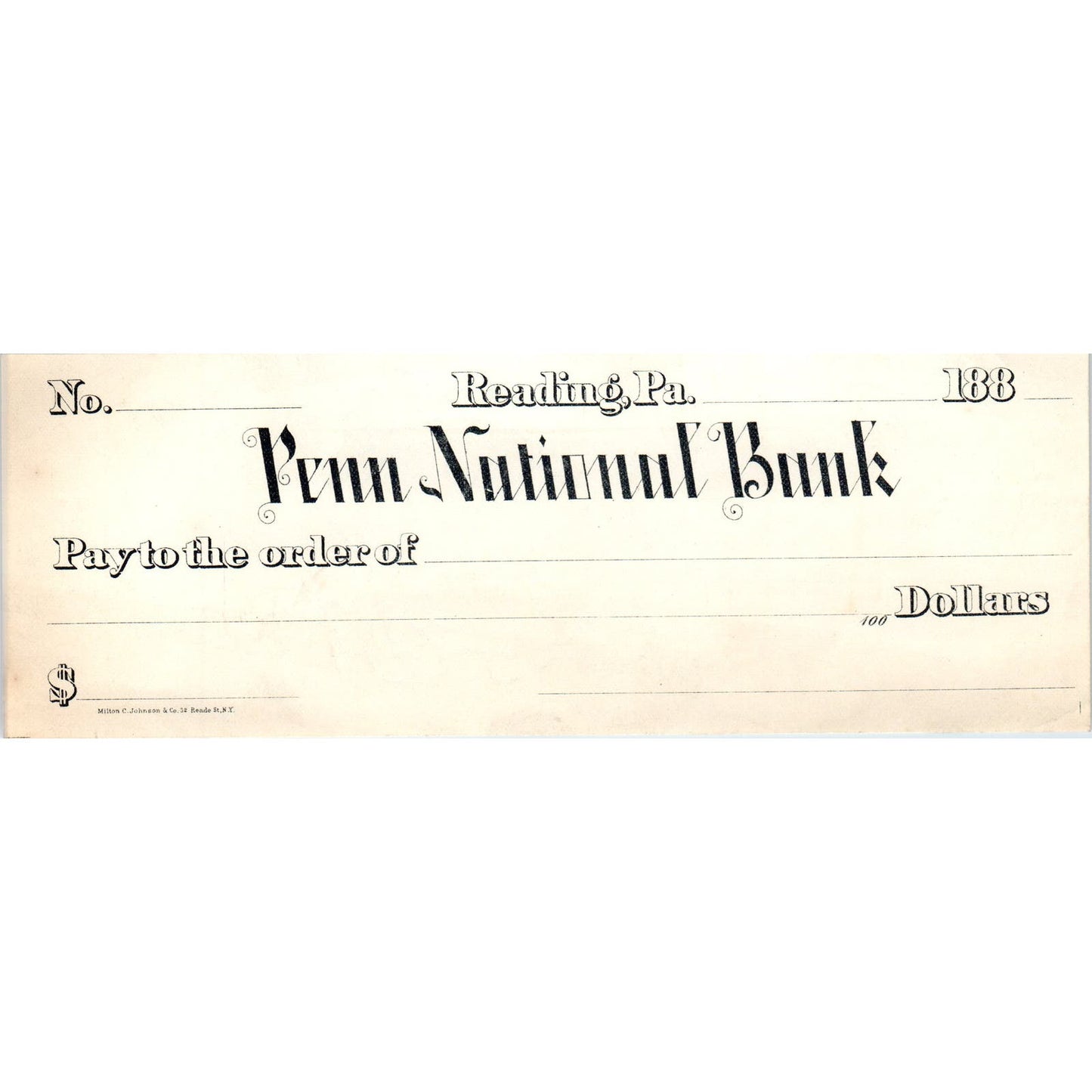 1880s Penn National Bank Reading PA Blank Bank Check AE7