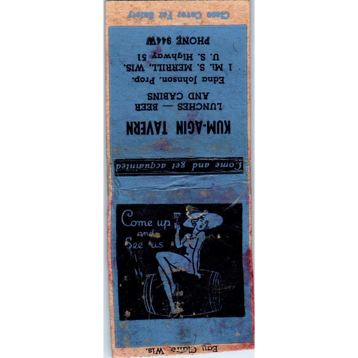 Kum-Agin Tavern Edna Johnson Merrill WI Pinup Vintage Matchbook Cover SD2-Y5