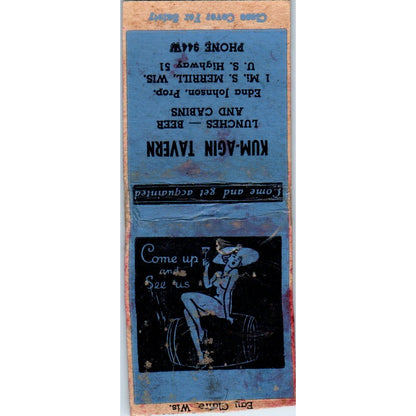 Kum-Agin Tavern Edna Johnson Merrill WI Pinup Vintage Matchbook Cover SD2-Y5