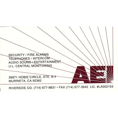 AEI Security Murrieta CA Vintage Business Card SC9-B10