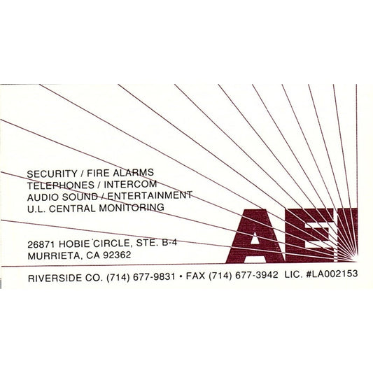 AEI Security Murrieta CA Vintage Business Card SC9-B10