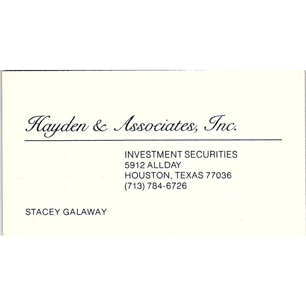 Hayden & Associates Stacey Galaway Investments Houston Business Card SF3-B4