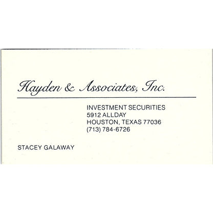Hayden & Associates Stacey Galaway Investments Houston Business Card SF3-B4