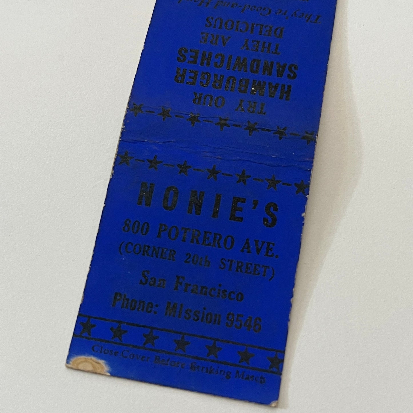 Nonie's Hamburger Sandwiches San Francisco Vintage Matchbook Cover TB6-MB2-1