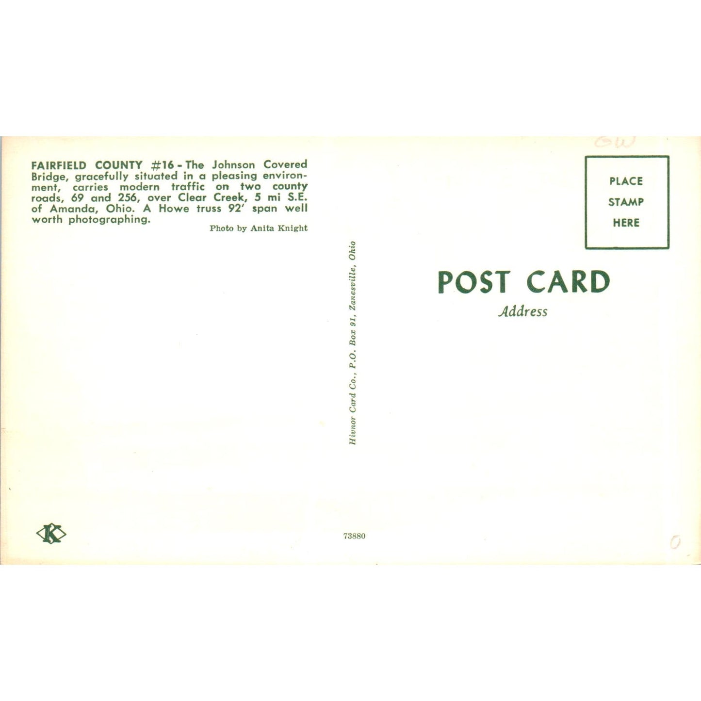 Fairfield County 16 Johnson Bridge Amanda OH Covered Bridge Postcard PC12