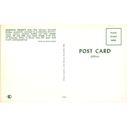 Fairfield County 16 Johnson Bridge Amanda OH Covered Bridge Postcard PC12