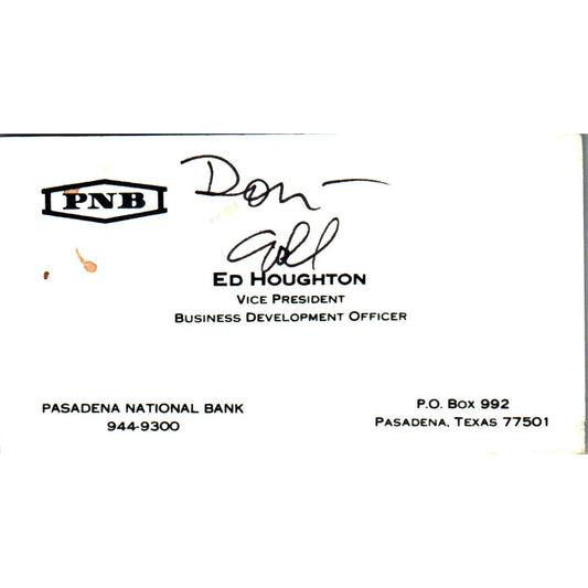 Ed Houghton PNB Pasadena National Bank TX Vintage Business Card SE3-B9