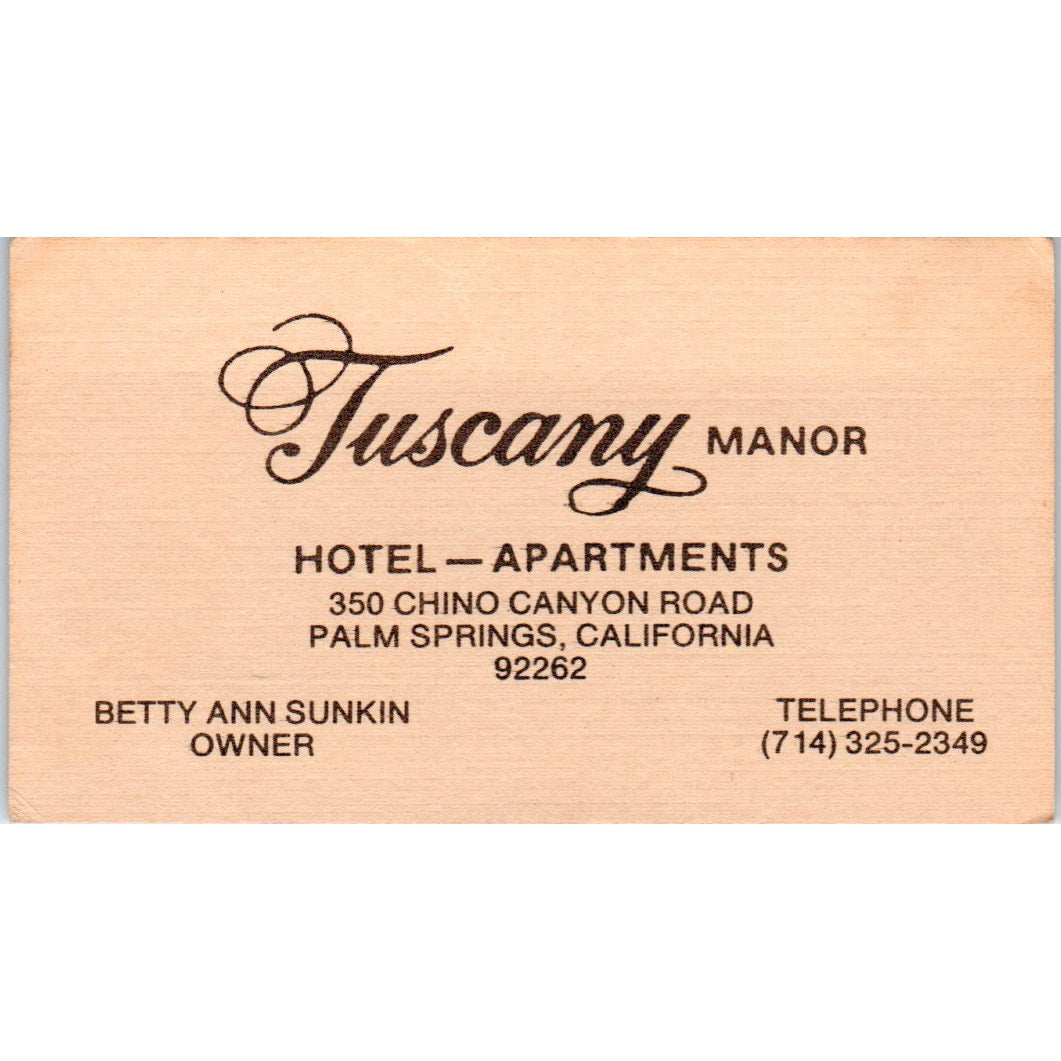 Tuscany Manor Hotel Betty Ann Sunkin Palm Springs Vintage Business Card SE3-B1