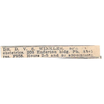 Dr D.V.S. Winkler Obstetrics 208 Enderton Bldg Winnipeg 1920 Ad AG2-S11