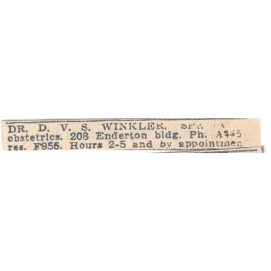 Dr D.V.S. Winkler Obstetrics 208 Enderton Bldg Winnipeg 1920 Ad AG2-S11