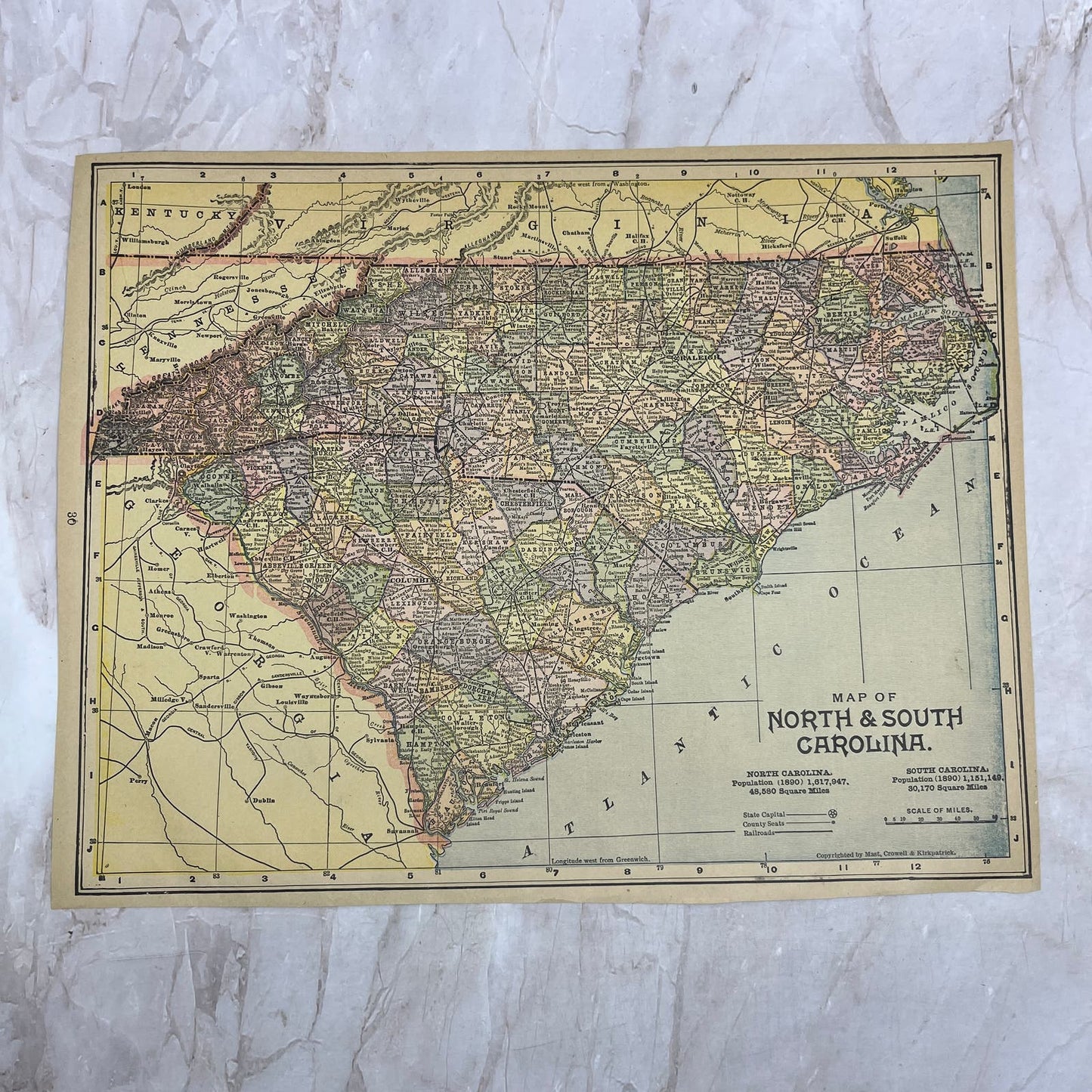 1899 Map of North and South Carolina 10x13 Original Tinted Map Engraving FL6-8