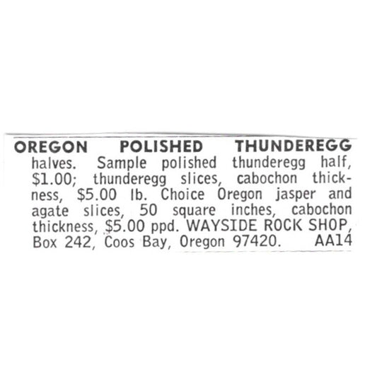 Wayside Rock Shop Oregon Polished Thunderegg Coos Bay OR 1972 Ad AF8-S8
