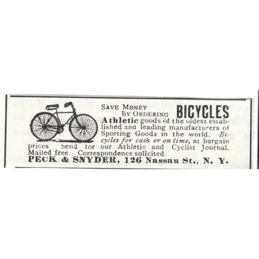 Peck and Snyder Bicycles 126 Nassau St. NY 1892 Ad AG2-S23
