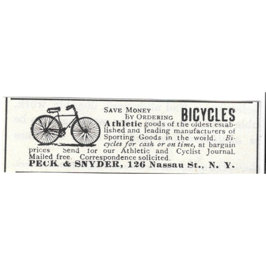 Peck and Snyder Bicycles 126 Nassau St. NY 1892 Ad AG2-S23
