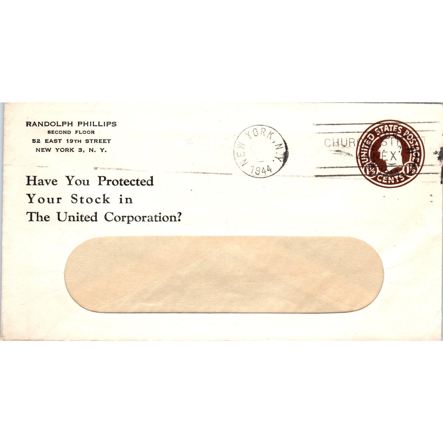 1944 Randolph Phillips NY East 19th St Postal Cover Envelope TG7-PC3