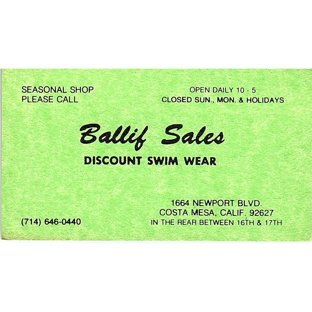 Ballif Sales Swim Wear Costa Mesa CA Vintage Business Card SE5-B5