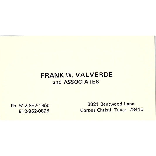 Frank W Valverede & Associates Corpus Christi Texas Vintage Business Card SB4-B9