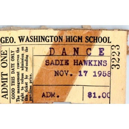 1958 George Washington High School Los Angeles CA Sadie Hawkins Dance Stub AB9