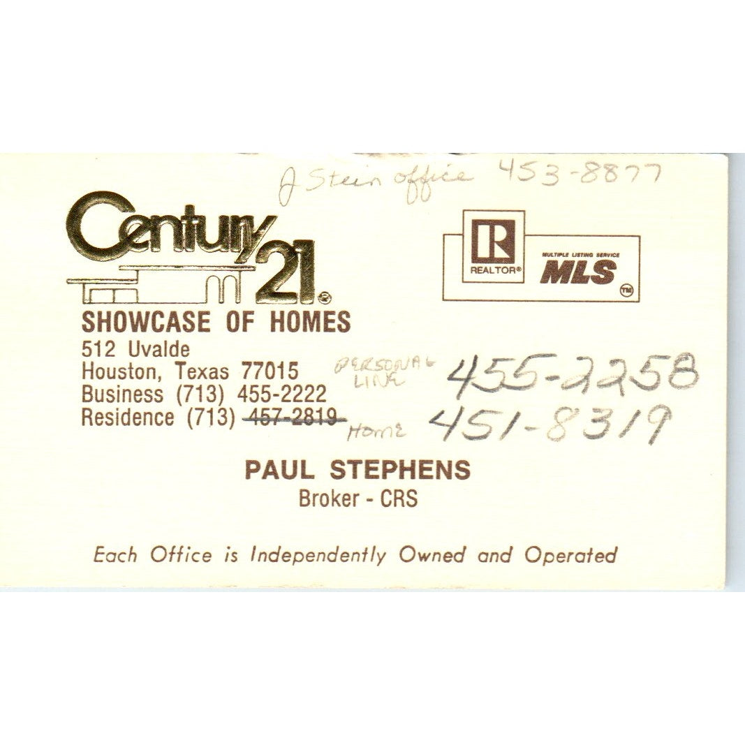 Paul Stephens Showcase of Homes Century 21 Realty Houston Business Card SD4-B5