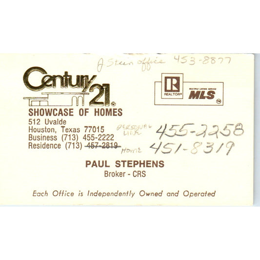 Paul Stephens Showcase of Homes Century 21 Realty Houston Business Card SD4-B5