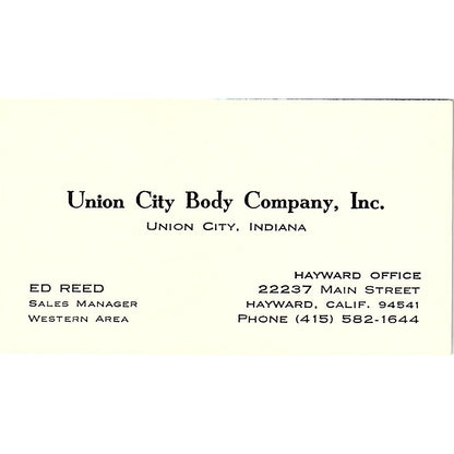 Ed Reed Union City Body Co Inc Hayward CA Vintage Business Card SE3-B14