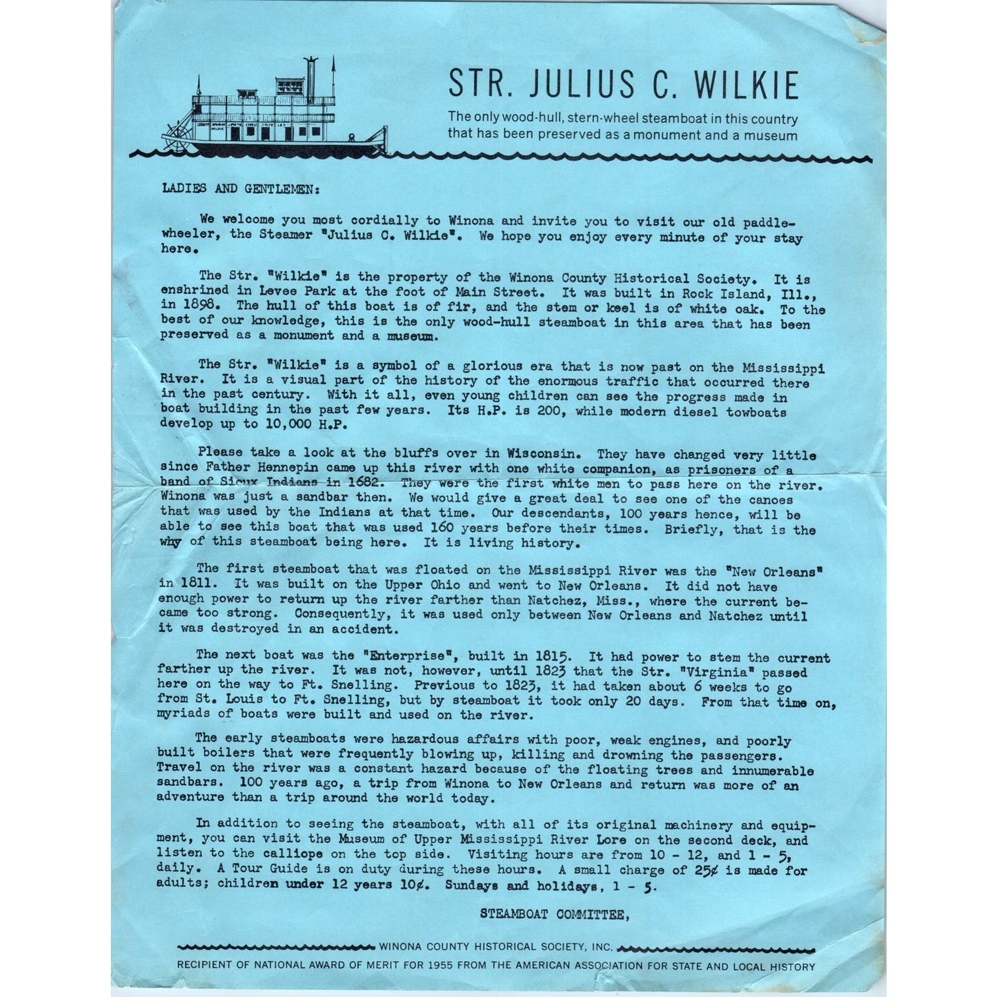 c1950 Str. Julius C. Wilkie Steamboat Tourist Info Leaflet Winona Minnesota D9