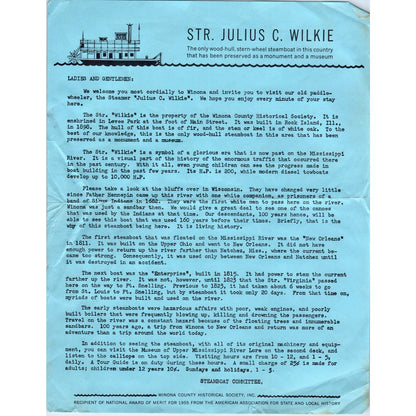 c1950 Str. Julius C. Wilkie Steamboat Tourist Info Leaflet Winona Minnesota D9