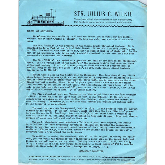 c1950 Str. Julius C. Wilkie Steamboat Tourist Info Leaflet Winona Minnesota D9