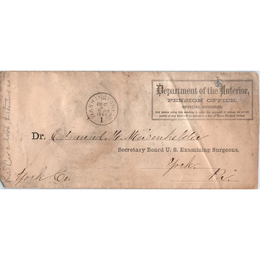 1882 Postal Cover Dept of Interior Washington DC Edmund M. Meisenhelder D20