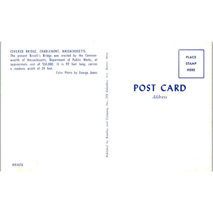 Bissell's Bridge Charlemont MA Vintage Covered Bridge Postcard PC13