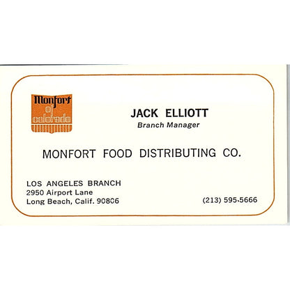 Jack Elliott Monfort Food Distributing Long Beach Vintage Business Card SD9-B11