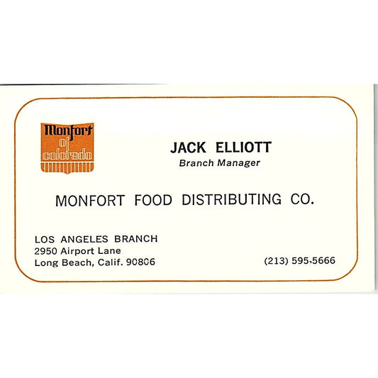 Jack Elliott Monfort Food Distributing Long Beach Vintage Business Card SD9-B11