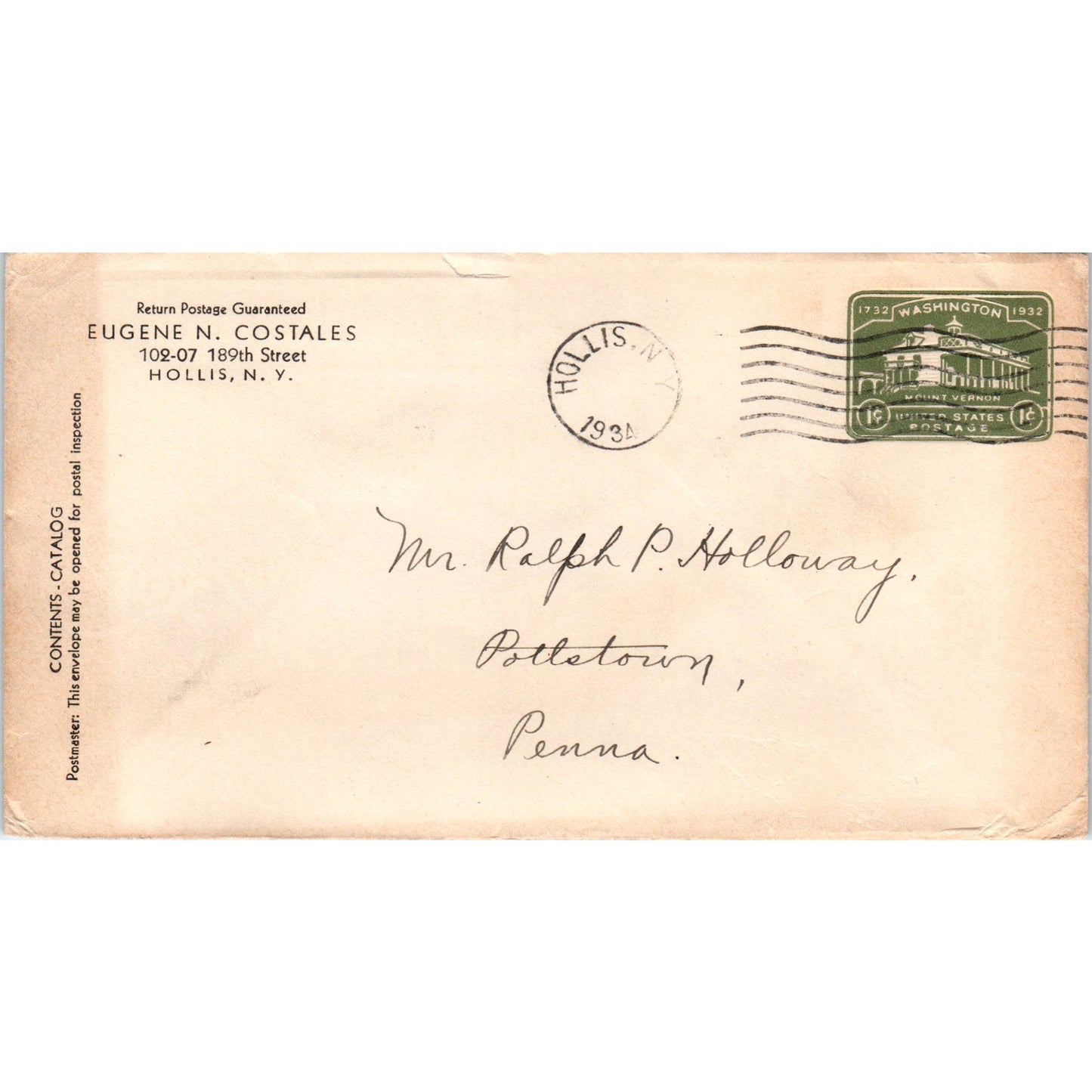 1934 Eugene N. Costales Hollis NY to Pottstown PA Postal Cover Envelope TG7-PC3